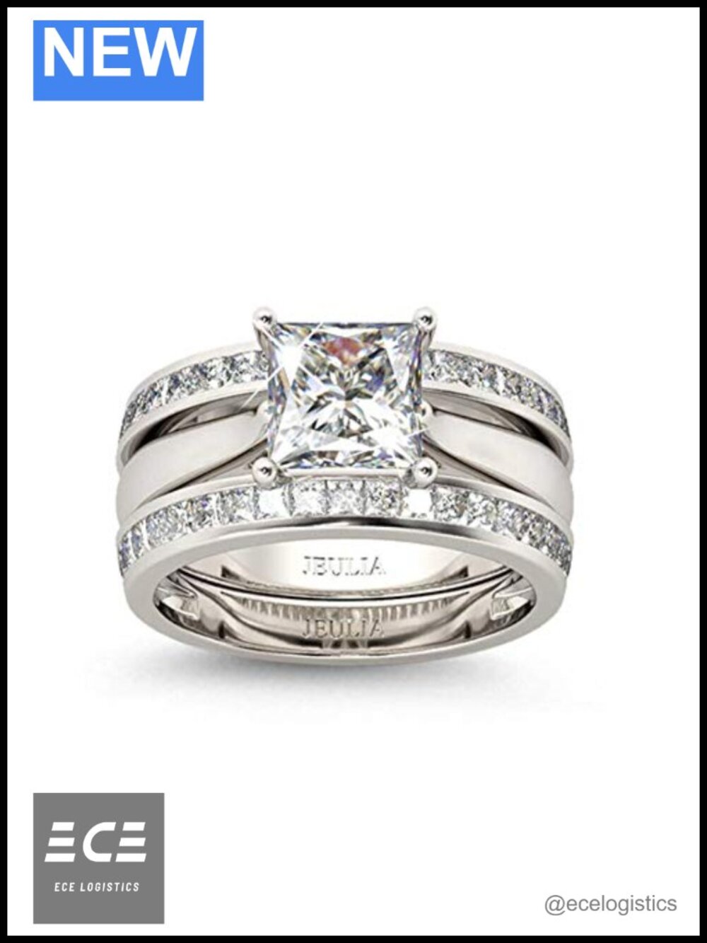 Princess Cut Cubic Zirconia Engagement Ring Set Sterling Silver Wedding Band
